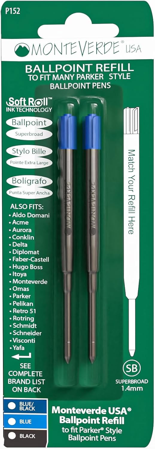 מילוי לעט כדורי Monteverde Superbroad תואם פרקר Ballpoint Pens Soft Roll 1.4 mm צבע כחול